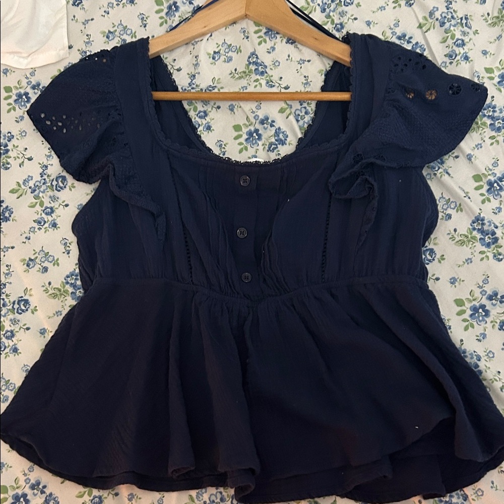 Altar'd State Navy Blue Eyelet Sleeve Peplum Blouse